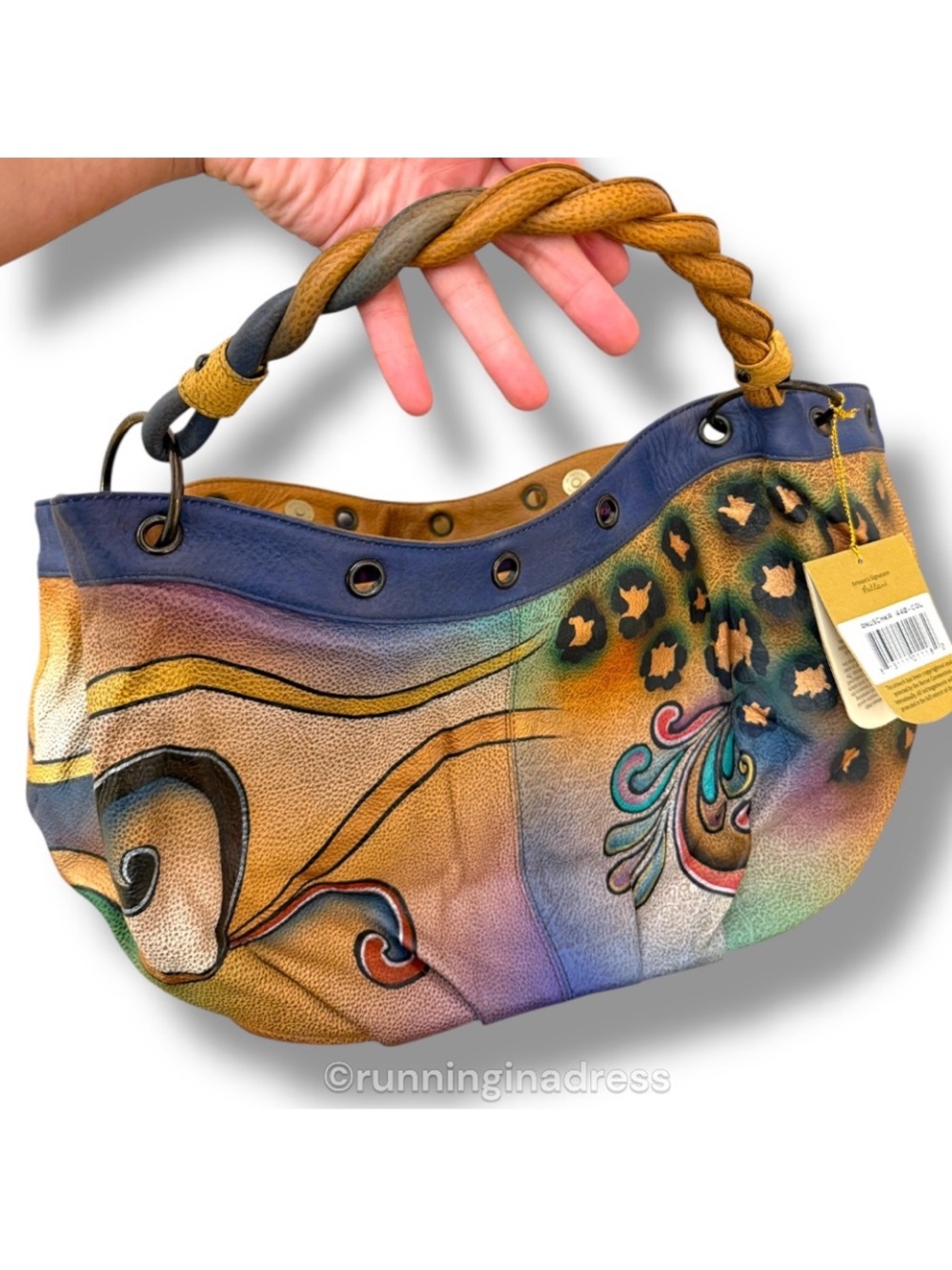NWT Premium Anuschka Hand Painted Leather Collage S.M.D.C Hobo Peacock Butterfly - Picture 9 of 16